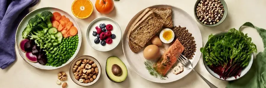 Gevarieerde voeding met groente, volkorenproducten en eiwitrijke producten