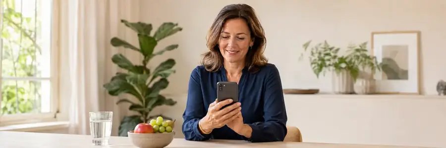 Vrouw bekijkt haar telefoon tijdens het invullen van de vitaminetest