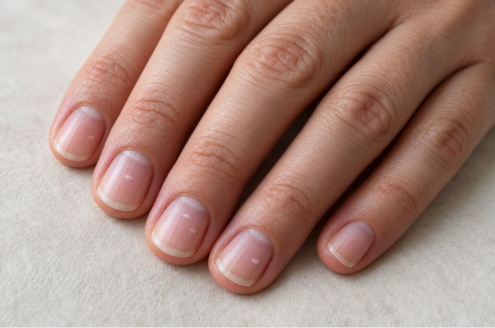 Hand met kleine witte vlekjes op de vingernagels